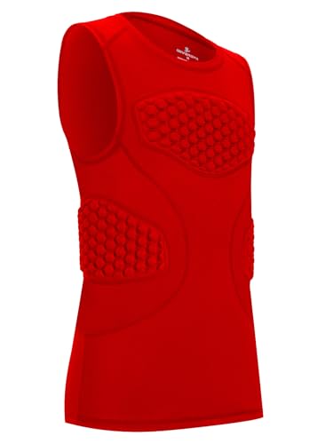 DEVOROPA Youth Boys Football Baseball Padded Compression Shirt Chest Protector Softball Lacrosse Rib Heart Sternum Guard Red M