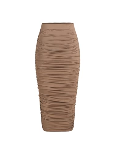 CIDER High Waist Ruched Midi Skirt
