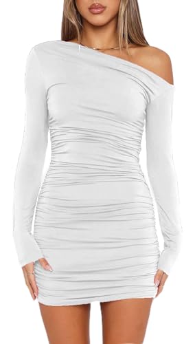 ELFIN Damen Bodycon Kleid Gerippt Langarm Minikleid Sexy One Off Shoulder Geraffte Kleider Kurzes Cocktail Party Club Kleid Herbst Freizeitkleid (S,...