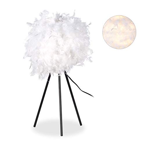 Relaxdays Federlampe, Nachttischlampe, Schlafzimmer, Kinderzimmer, modern, rund, E 27 Lampe, 10 Watt, 60 cm hoch, weiß