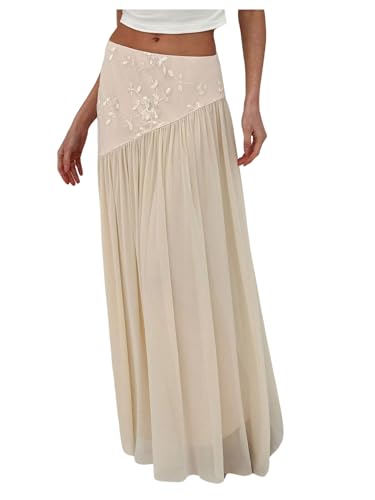 Milumia Women's Floral Embroidery Ruffle Maxi Skirt Elegant Layered Flowy Long Skirts