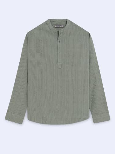 Image of StitchX Men's Seersucker Band Collar Pure Cotton Striped Kurta Shirt-S-2XL