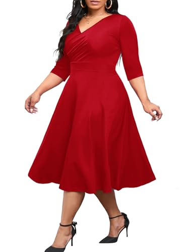 Image of Plus Size Dresses for Women A-Line V-Neck Swing Flowy 3 /4 Sleeve | 3 /4 sleeve,v neck,pockets,casual,cocktail,wedding,holiday,home,work,date party,vacation,outdoor