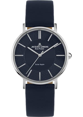 Jacques Lemans Eco Power 1-2113C Montre Mixte Solaire Cadran Bleu Bracelet Cuir Pomme