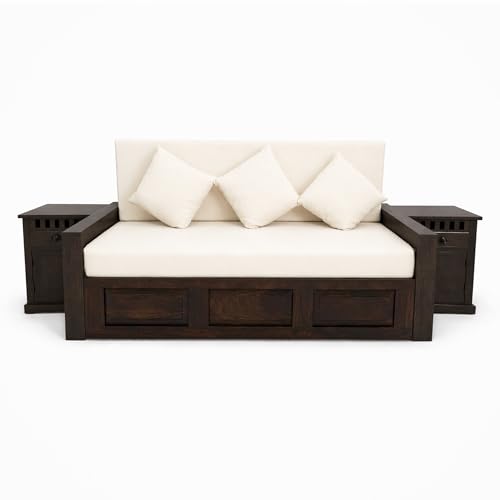 Image of SONA ART & CRAFTS Regal Sheesham Wood 3 Seater Sofa Cum Bed with Bedside | Wooden 3 Seater Sofa for Living Room Wooden Furniture Sofa Bed for Home (Walnut Finish)
