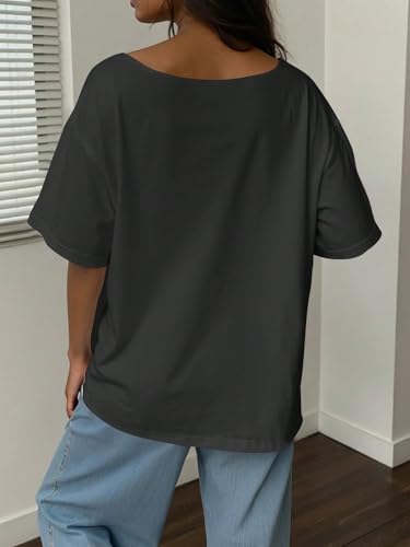 Image of SXV STYLE Women's Casual Letter Print Asymmetric Neck Loose Short Sleeve T-Shirt,