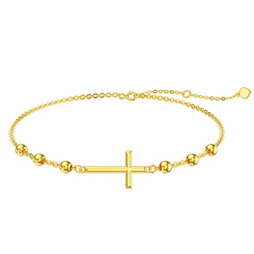 Solid 14K Gold Cross Bracelet for Women, Real Yellow Gold Adjustable Cross Bracelets Religious Jewelry Gift for Her