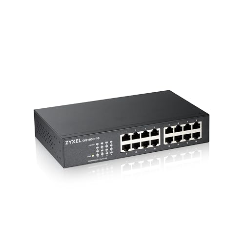 Zyxel 16 Port Netzwerk Switch | Unmanaged Gigabit Ethernet Splitter | 16x GbE Ports | Lüfterlos | Plug and Play Installation | Wand- und Rack-Montagesätze im Lieferumfang enthalten | GS1100-16v3