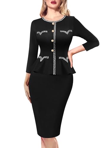 VFSHOW Womens Buttons Peplum Work Business Office Professional Patchwork Pencil Sheath Dress