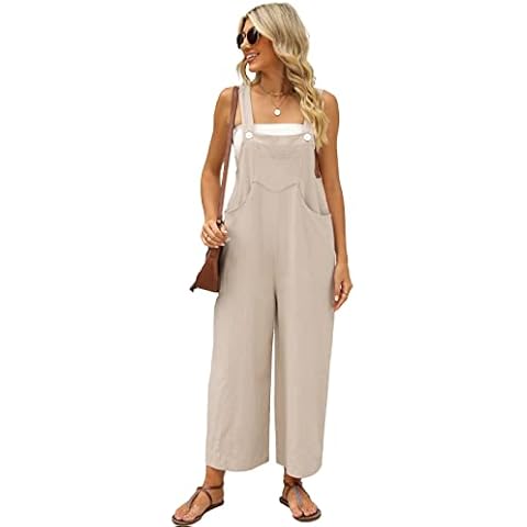 PUWEI Summer Cotton Linen Bib Overalls Women Baggy Sleeveless Wide Leg Jumpsuits with Pockets(2868-Apricot-XL) Cover