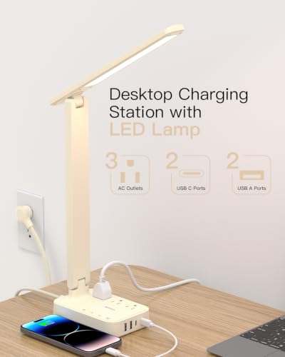 Image of Addtam LED Desk Lamp, Power Strip with 3 Outlets 4 USB Charging Ports(2 USBC), 4 Modes 5 Level Brightness Touch Lamp, Small Desk Lamp for Home Office College Dorm Room Essentials, Cream