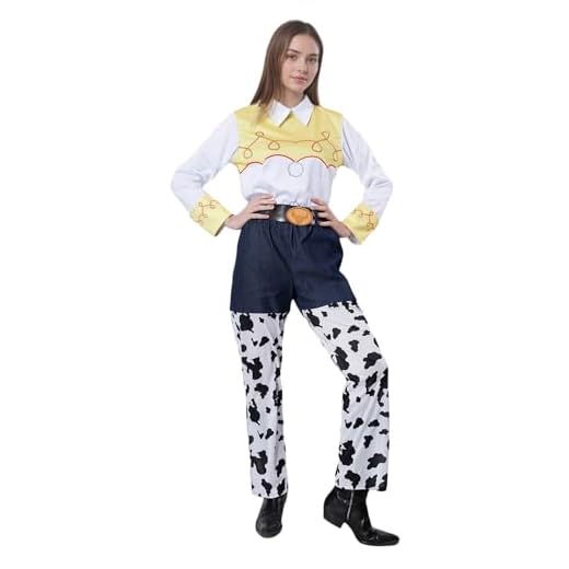 Armas salvajes Jessie Costume Western Cowgirl Toy Halloween Adult Story - Camiseta retro con pantalones de mezclilla con estampado de piel de vaca y cinturón (S)