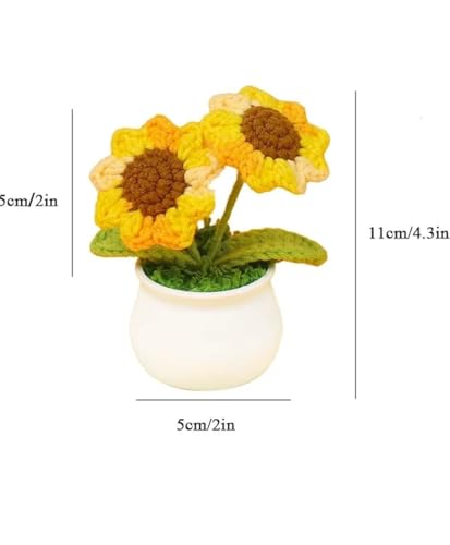 Image of VRB DecTM 1 Pcs Crochet Flowers Artificial Twin Sunflower for Office Desk Car Dashboard Decor,Home Decoration,Festival,Office, Bedroom, Christmas Decor. (Twin Red Sunflower with Pot)