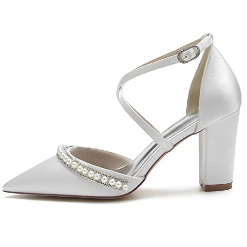 Women's Block Heels Chunky Pointed Toe Pumps High Heels with Pearls Wedding Sandals Prom Party Dress Shoes Pumps3