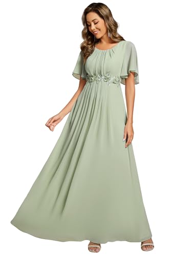 Ever-Pretty Damen Partykleid Lang Rundhals Rüschenärmel Zeremonie Kleid Blumenspitze Elegant Maxikleid EE02960, Mint Grün, 38