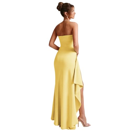 Image of Women's Sexy Strapless Backless High Split Long Maxi Dress Ruched Off Shoulder Sleeveless Bodycon Party Cocktail Dresses