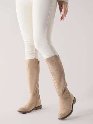 Image of Shoe'N Tale Women's Knee High Boots Flat Low Heel Stretchy Round Toe with Side Zipper