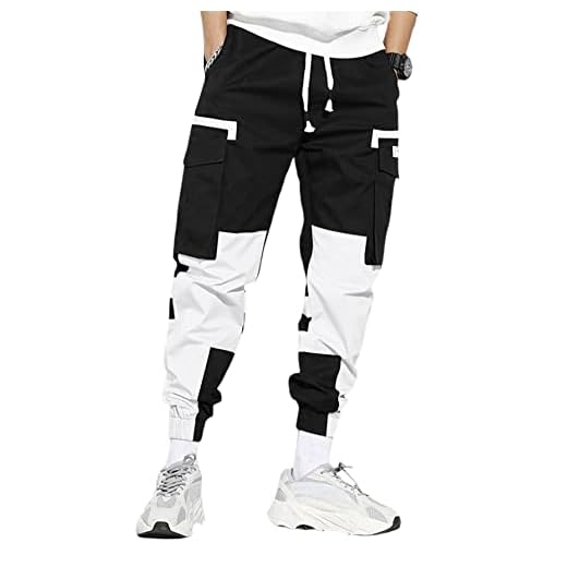 WDIRARA Men's Colorblock Cargo Pants Drawstring Waist Active Sporty Pants with Pockets Black and White L