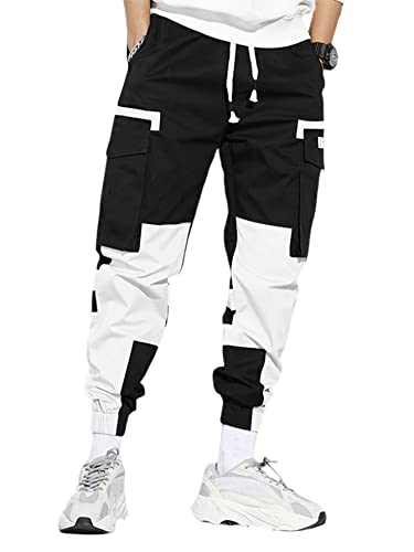 WDIRARA Men's Colorblock Cargo Pants Drawstring Waist Active Sporty Pants with Pockets