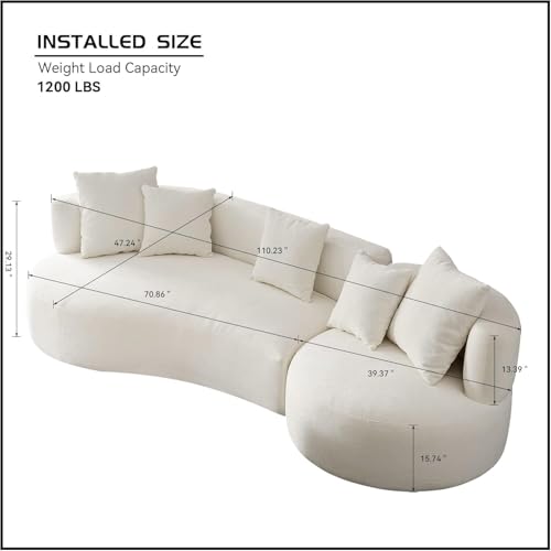 Image of Modern Curved White Sofa Couch with Plush Pillows - 4 Seater Upholstered Living Room Sofa | Contemporary Minimalist Design for Home, Office & Lounge.