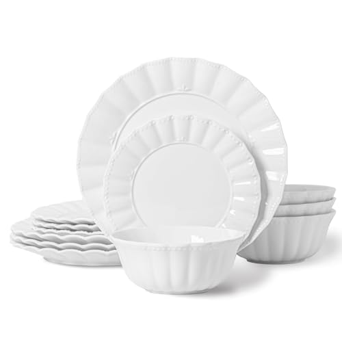 HOMBENE Plates and Bowls Sets, 12 Piece Dinnerware Sets Bone China, Porcelain Dinner Set with Cereal Bowls, Ceramic Soup Bowls, for Pasta, Salad, Gift Idea, Wavy Pattern