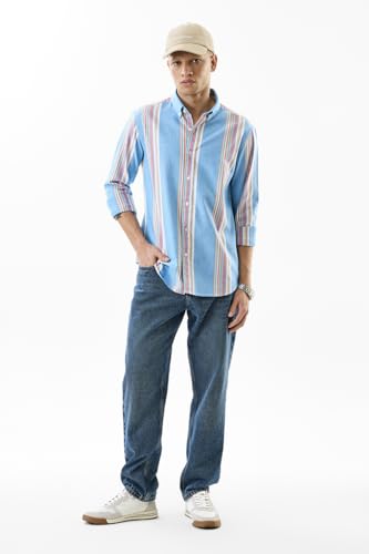 Image of SNITCH Men's Casual Shirt | Slim Fit Full Sleeve Button-Down Collar Striped Design | 100% Cotton & Breathable Fabric for Everyday Wear & Semi-Formal Occasions