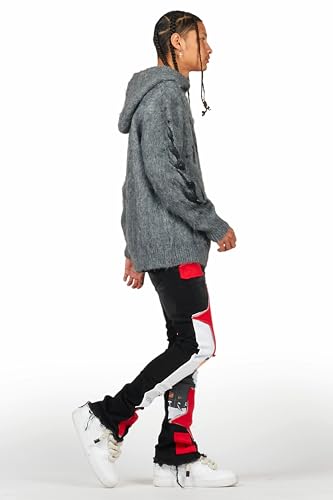 Men's Savage Black/Red Patchwork Stacked Flare Jean4