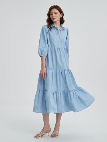 Image of Women Button Down Maxi Shirt Dress Long Sleeve Flowy Tiered Collared Dresses with Pockets