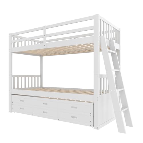 VIEKOS Litera de 90 x 200 cm, cama infantil, cama para niñas y niños, estructura de madera de pino y tablero de fibra de densidad media con escalera y cama extraíble y 3 cajones, sin colchón, color - imagen 5