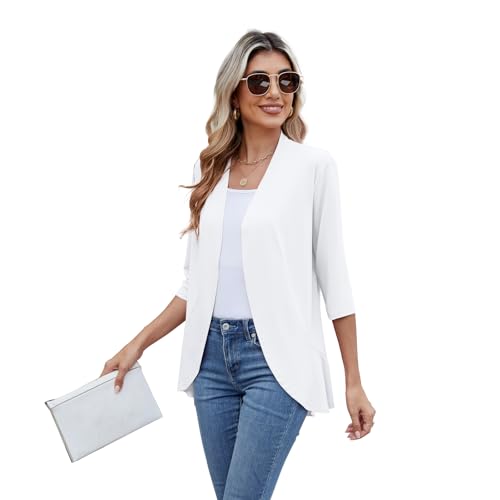 Women's Open Front Cardigan 3/4 Sleeve Draped Ruffles Casual Lightweight Women Knit Outwear Solid Color2