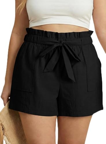Eytino Plus Size Paperbag Shorts for Women High Waisted Wide Leg Lounge Bottoms with Deep Pockets,2X Black
