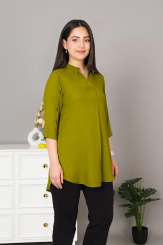 Image of Mlada Rayon Flare Top for Women | 3 /4th Sleeve Regular Fit and Flare Top | Women Office Tops Tunic | Western Long Shirt Top for Women | Shirt Collar Top for Women | Rayon Tunic Tops for Women Western