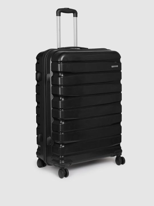 Image of Teakwood Large Check in Size 8 Wheels Trolley Bag, Hard Cabin with Zipper Closure, Adjustable Push Button & Cross Side Strap, TSA Lock System 360 Degree (Large Check in Size, Black)