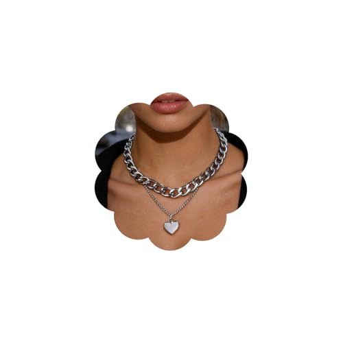Atentuyi Collier punk épais pour femme - Chaîne gourmette en argent - Choker cubain Link - Collier en forme de cœur - Multicouche - Chaîne gourmette -...