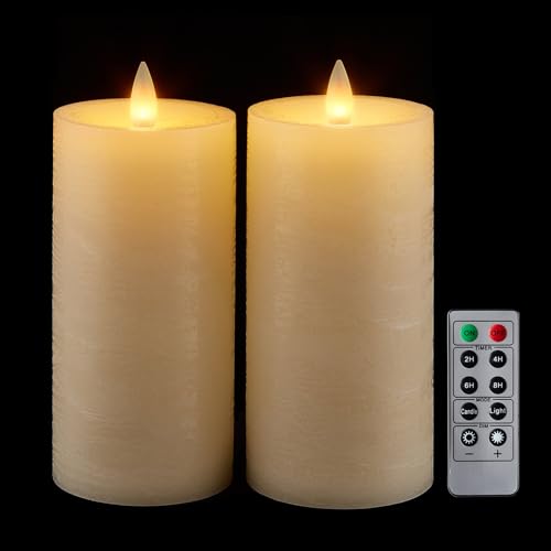 Image of Flameless Pillar Candles Flickering with Remote Timer, Battery Operated LED Candles Up to 400 Hours, 3D Moving Flame Real Wax Candles. (Ivory Water Ripples-2 Pack)