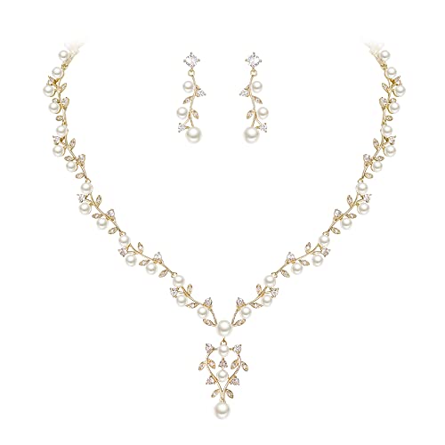 Image of White Faux Pearl Leaf Vine Bridal Cubic Zirconia Jewelry Set for Women | Wedding Party Necklace Earrings for Bridesmaid Bride