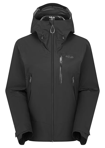 Rab Women's Downpour Mountain Jacket - Lightweight Waterproof Hooded Coat for Hiking, Trekking, & Climbing - Black - Medium