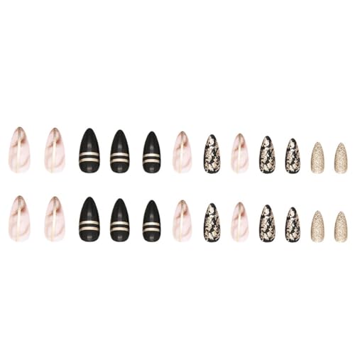 Image of Black Press on Nails Medium Almond Fake Nails with Gold Foil Design Glitter Stick on Nail Glossy Acrylic Full Cover Gold Line Glue on Nails Nude Stiletto False Nail for Women Girls Manicure 24pcs