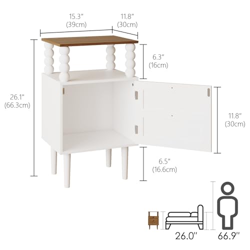 Image of Veegle White Nightstand,Mid-Century Modern Bedside Table with Storage Drawer and Open Wood Shelf, for Bedroom and Small Spaces,Night Stand with Solid Wood Legs (White)