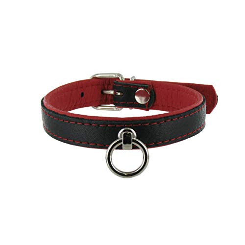 SiaLinda: Halsband echtes Elch Leder mit O-Ring, zweifarbig, schwarz/rot 20mm breit - Lange Länge