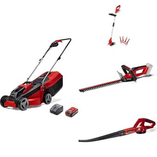 Einhell Pack 4 machines sans fil - Power X-Change (Tondeuse à gazon GE-CM 18/30 Li, Coupe-bordures GC-CT 18/24 Li, Taille-haies GC-CH 18/40 Li, Souffleur...
