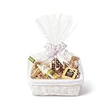 H-LINE SMALL Make Create Your Own Gift Hamper Kit - White Wicker Storage Basket Cellophane Wood Shred Bow Set - Ideal for Christmas Easter Christening Wedding Baby Shower or Birthday Gift