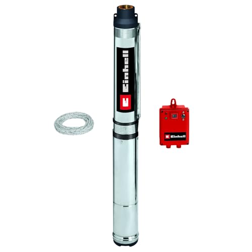 Einhell Tiefbrunnenpumpe GC-DW 1300 N (1300 W, 5.000 l/h max. Fördermenge, 20m max. Eintaucht., Edelstahlgehäuse, Edelstahlsieb, inkl. 22m Ablassseil), silber