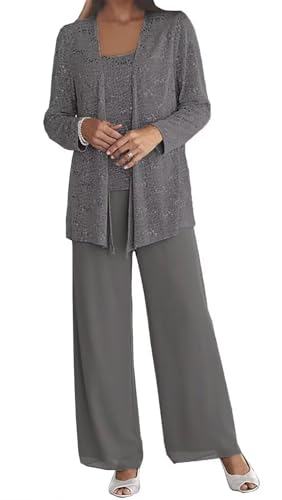 Plus Size Mother of The Bride Pant Suits Steel Grey Grandmother of The Groom Pantsuits 3 Pieces Set Chiffon Evening Outfits 16