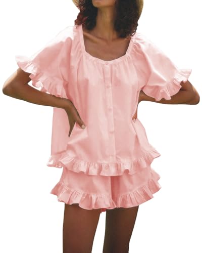 Image of Womens Ruffle Pajama Set Short Sleeve Button Down Top and Shorts | Cotton Ruffle Pajamas Set, Ruffle Shorts Set Women, 2 Piece Shorts Set for Women