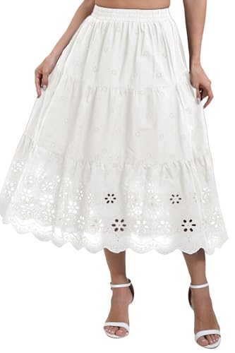 Women's High Waist A-Line Vintage Embroideried Lace Midi Skirt 2025 Vacation Casual Beach Boho Summer Skirts2