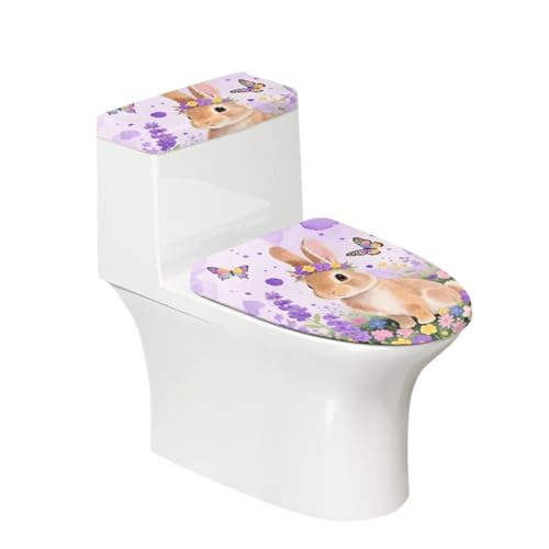 Daulesho Cute Rabbit Toilet Lid Cover Set of 2, Soft Stretch Watercolor Flower Butterfly Toilet Lid and Tank Cover for Indoor Home Accessories Decor