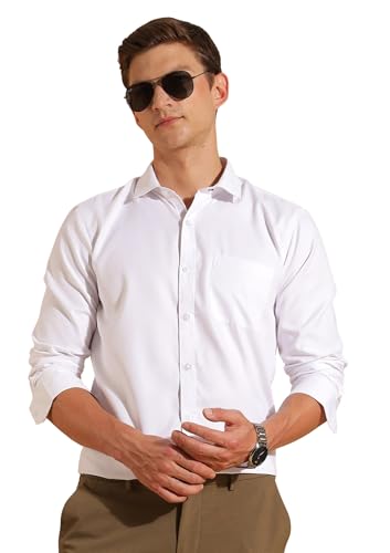 Image of Fyltr Men's Regular Fit Shirt - Dobby Self Design| Full Sleeve | Functional Patch Pocket | White Formal Shirts for Men