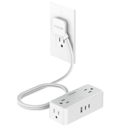 Surge Protector Flat Extension Cord Indoor, TESSAN Flat Plug Power Bar with 4 Multiple Outlets, 3 USB Ports (2 USB C), 5 Feet Small Power Strip Wall Mounted for Home Office Dorm Room, Gray by TESSAN - Used condition - CA$22.70