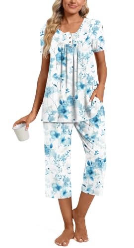Image of Womens Summer Pajama Sets 2 Piece Short Sleeve Top and Capri Pants Plus Size Ladies Lounge Pjs Sets with Pockets